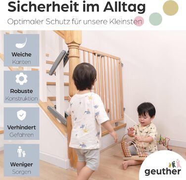 Захист для сходів Geuther Oris | Дверний захист для сходів з кріпленням, ширина 67-95 см | Стабільний захист з розпашною дверцятами | Дерев'яне дитяче гiтер, натуральний лак 67-95 см