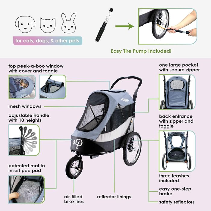 Візок для собак Petique Trailblazer Jogger Space Gray з насосом, дощовиком, адаптером для велосипеда та прапорцем безпеки | повітряні колеса | складний | оглядове вікно | для великих собак та котів сірого кольору