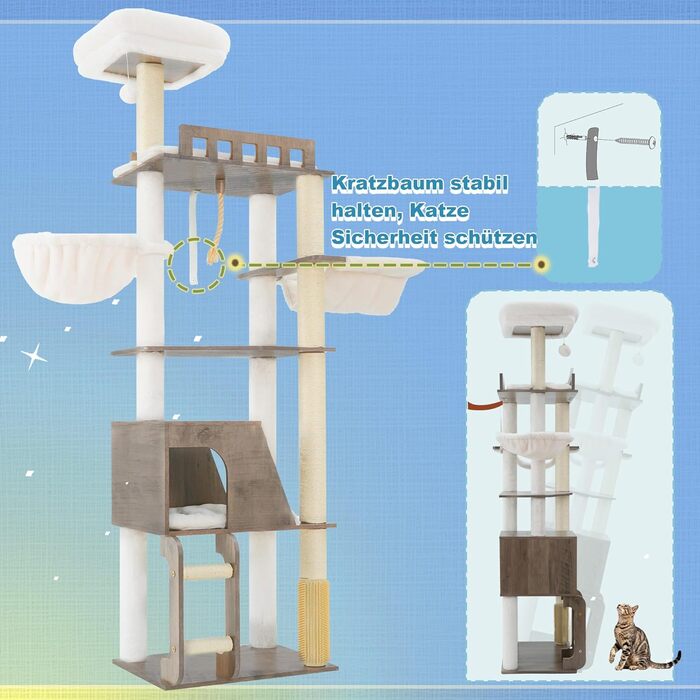 Дерев'яний кігтетопор Hey-brother Holz Kratzbaum 184см для великих котів, багатоярусний, зі стійкою платформою, кошиком, будиночком, щіткою та драбиною (Gris Vintage)