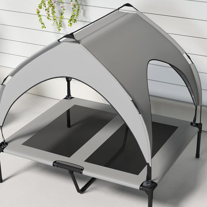 PawHut Підвищене собаче ліжко з балдахіном, Outdoor ліжко для собак з дахом, дихаюче, для маленьких та середніх собак, Оксфорд 76 x 61 x 69,5 см (91 x 76 x 89 см), світло-сірий