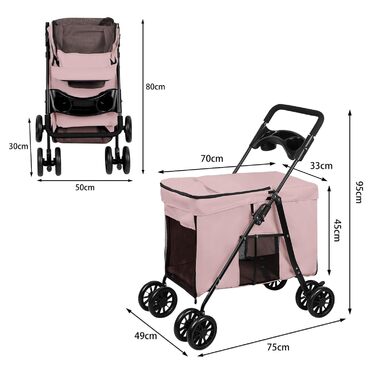 Дитяча коляска для тварин Homewell, рожева, до 20 кг, з сіткою, ременями та тримачем для напоїв