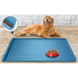 Килимок для корму та води для собак та котів, 100x68.6 см, з кишенькою для збору залишків, водонепроникний, з високими бортиками, Marineblau (морський блакитний)