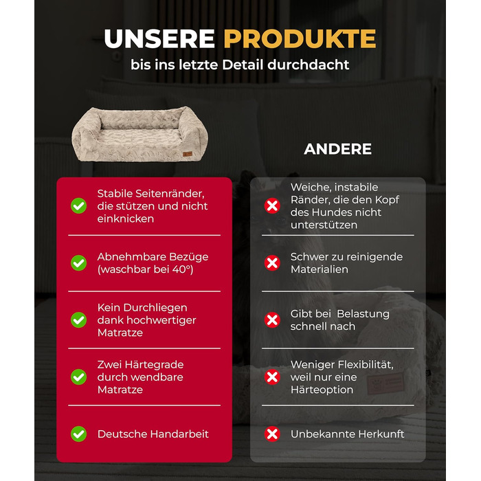 Ортопедичне ліжко для собак Deluxe Exklusiv S (60x75 см) з Memory Foam, антиковзаючою основою, можливостю прання, колір пісок, Made in Germany