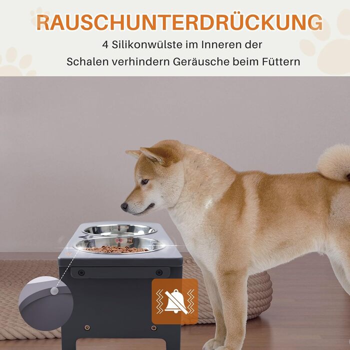 Підвищені годівниці для собак HTB, бамбук, 2 миски з нержавіючої сталі, 44x24x18 см, 18 см висота, сірий колір