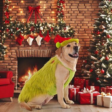 Костюм для собак з новорічною шапочкою, для собак та котів, костюм на Хелловін, костюм для маленьких, середніх та великих собак, розмір 4XL, зелений, обхват грудей 88 см