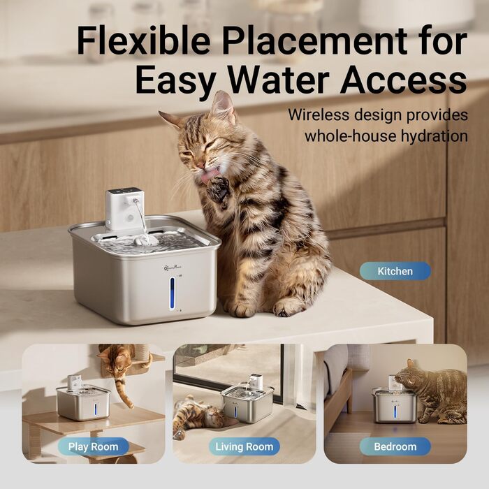 Ка fountain для котів DownyPaws: бездротовий фонтан з нержавіючої сталі, 3л, з датчиком руху, тихий, легко миється