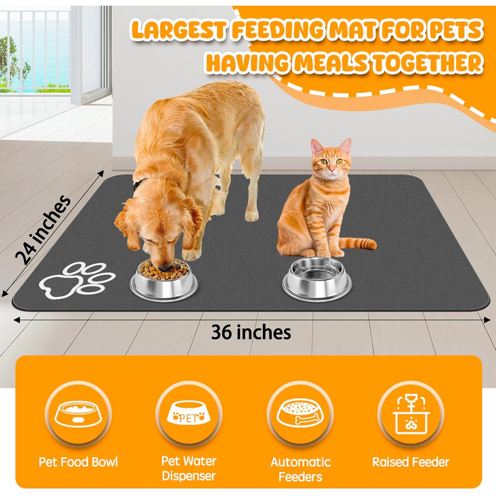 Килимок для годівлі домашніх тварин, 91.4 x 61 см, великий, вбираючий, для корму та води, нековзкий, без плям, швидковисихаючий, для тварин, для неслухняних