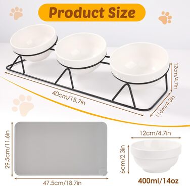 Набір мисок для котів Vikcvcs (3 шт.) з підставкою, кераміка, силікон, 15° нахил, ергономічні, для котів та маленьких собак