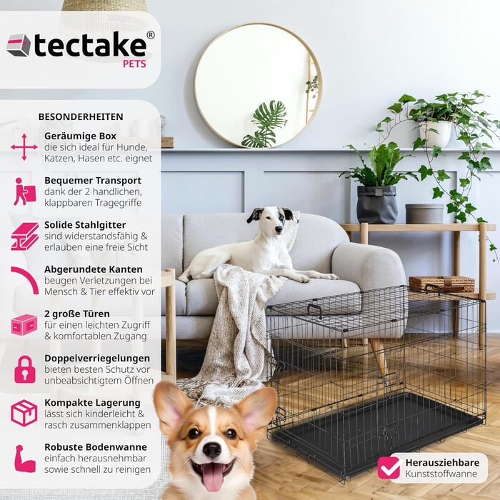 Тектейк® Клітка для собак, переноска для собак, клітка-переноска для собак, складана переноска для собак, стабільна переноска для собак, цуценят, для автомобіля, кемпінгу та дому - (91,5 x 59,5 x 64 см)