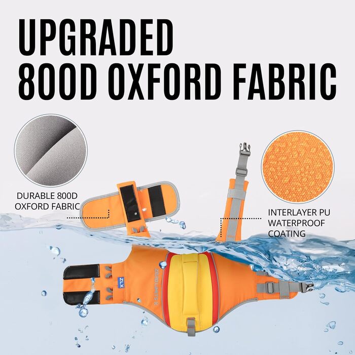 Спасальний жилет для собак великих порід, Ripstop, безпечний захват, регульований, для купання та водних прогулянок (жовто-помаранчевий, L)