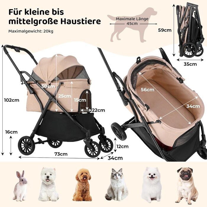 Візок для собак та котів MAMIZO, складаний, до 20 кг, рожевий