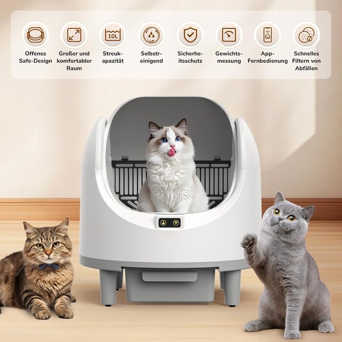Автоматичний лоток для котів з самоочищенням, з датчиком безпеки, керуванням через додаток та видаленням запаху, великий об'єм, для кількох котів XXL