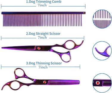 Набір професійних ножиць для собак, ножиці для стрижки шерсті собак, ножиці для собак та котів з титановим покриттям, з кусачками для нігтів (фіолетовий, 17.8 см)