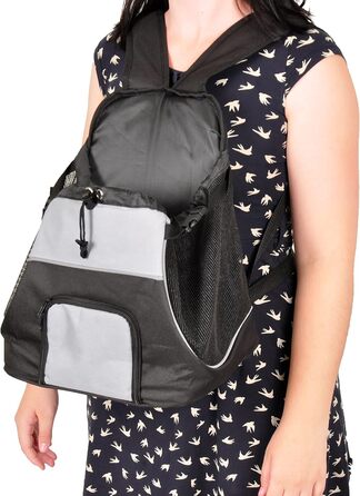 Сумка для собак на животі Sybil, чорна, 29x23x38 см, поліестер, підсилення спинки, світловідбивачі, знімний низ, страховочна лінія, система ременів, фронтальний отвір