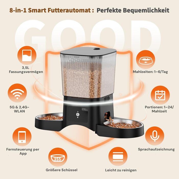 Автоматичний годівник для котів та собак HoneyGuardian з Wi-Fi, 2 миски, 3.5л, APP-керування