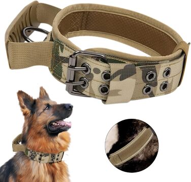 Тактичне нашийник для собак з ручкою та поводок, військовий нашийник з м'якою підкладкою з нейлону, регульований нашийник для середніх та великих собак (M, камуфляж)