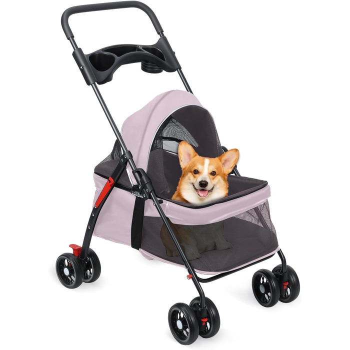 Дитяча коляска для домашніх тварин: маленькі собаки та коти, складана переноска з поворотними колесами 360°, подвійна засувка, регульований капюшон 180°, зручна сітка (рожева)