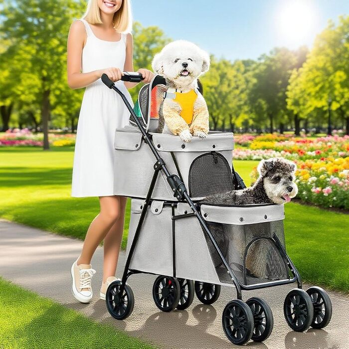 Складаний візок для собак на 2 яруси, переноска для домашніх тварин до 24 кг, візок для собак з сітковими віконцями, ремінь безпеки, 4 колеса, складаний візок для котів та маленьких собак (сірий)