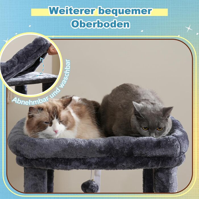 Котячий будиночок Hey-brother Kratzbaum: велика платформа, 2 печери, гамак, сизаль, кошик, 127 см, MPJ071W (димно-сірий)