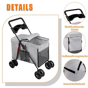 Візок для собак Homewell, візок-бігун для котів/маленьких собак, візок для домашніх тварин з 2 вікнами на блискавці, тримач для напоїв, до 20 кг (Сірий)