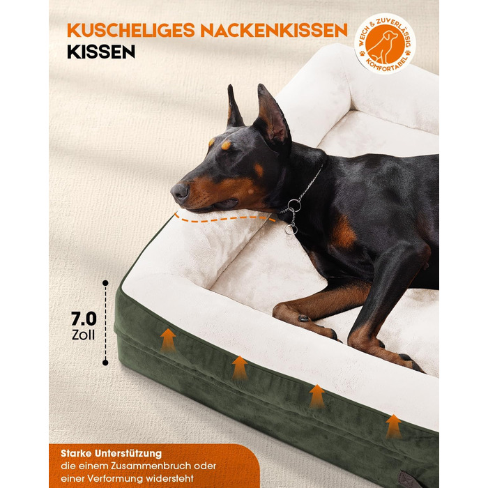 Ортопедичне ліжко для собак XL, корзина для собак, що стирається, з яєцевидною піною, вологостійкий диван для собак з неслизьким дном та чотиристоронньою подушкою (91x61x18 см, оливковий)