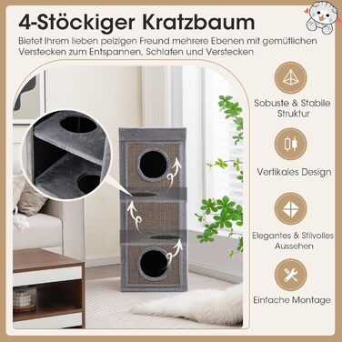 Кігтеточка-будинок Costway 4-ярусна для котів, з будиночками та ігровим майданчиком, сірого кольору, до 25 кг