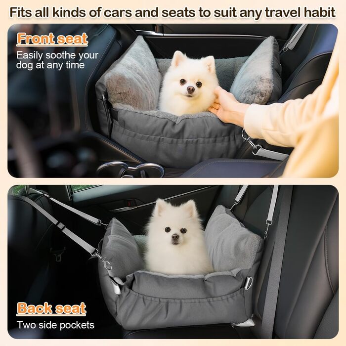 Автокрісло для собак 3-в-1 з розкладним ліжком – переносна автолюлька для маленьких собак, з м'яким матрацом, для переднього або заднього сидіння, внутрішнє та зовнішнє використання (02-Сірий)