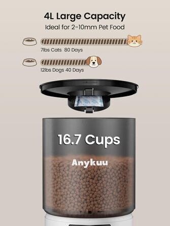 Автоматичний годівниця для котів та собак Anykuu 4L з таймером та контролем порцій. Автоматичний диспенсер для сухого корму з функцією запису (10с) для маленьких та середніх тварин, білий