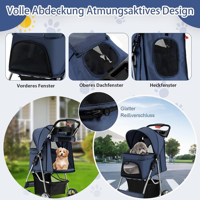 Собачий візок SOARS для собак та котів до 15 кг, складний, з сіткою, тримачем для напоїв та кошиком для зберігання, блакитний