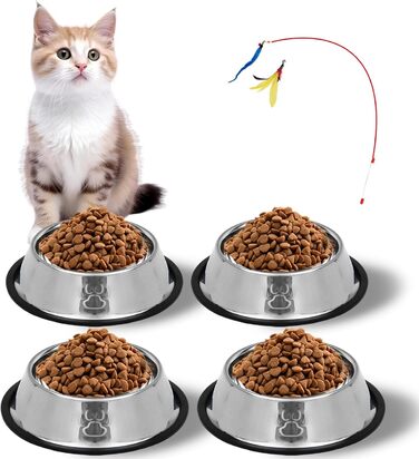 Набір мисок для котів 3 шт. + іграшка для кота, миски для годування котів, нержавіючі миски для котів, годівниця для котів, миска для води та їжі, для котів та маленьких собак (Блакитний + Зелений + Срібний) (Срібна 4 шт.)