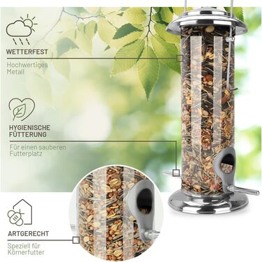 Годівниця для птахів Wildtier Liebe, зелена - з нержавіючої сталі, годівнична колонка, годівничий силос для диких птахів, цілорічне годування (23,5 см, срібло)
