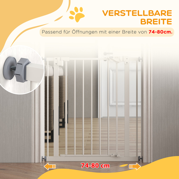 PawHut Door Gate Gate, Шлагбаум, 74-80 см, Сходові ворота для домашньої тварини, Ворота для собаки, Захисні ворота без свердління, Метал, Пластик, Білий | Аосом