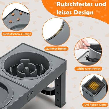 Набір мисок для собак X-BEN 3-в-1: миска для води з захистом від пролиття 1.4L, миска від захлипування 1L, годівниця з 5 рівнями регулювання висоти, для середніх та великих собак, антиковзаюча, сіра