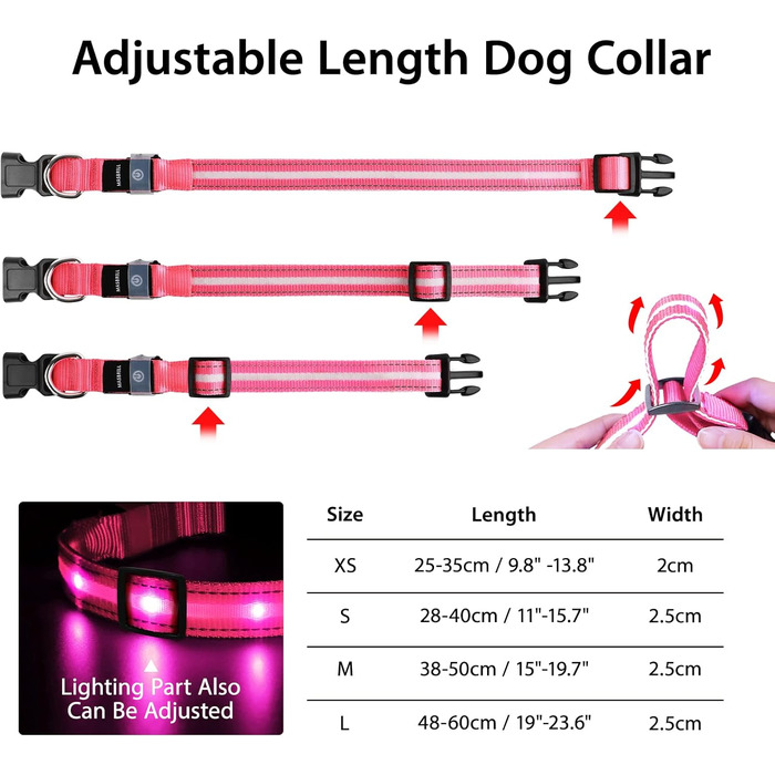 Світлодіодне нашийник для собак Masbri: безпечний, водонепроникний, з підзарядкою, рожевий (XS)