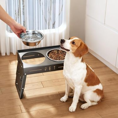 Підвищений годівниця для собак з 3 рівнями – 2 великі миски з нержавіючої сталі для маленьких, середніх та великих собак (Сірий)