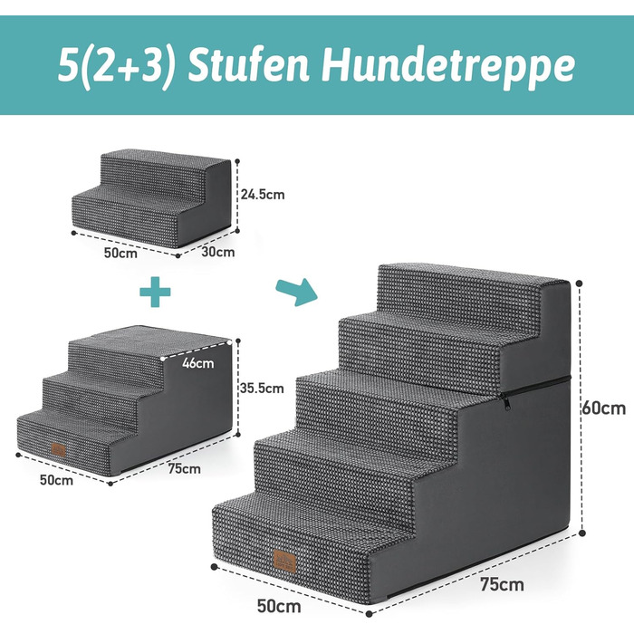 Сходинка для собак COZY KISS, для маленьких собак і котів, з нековзким покриттям, з щільного піноматеріалу, для ліжка, дивану, авто (Чорний & Білий, 7x0x60cm)