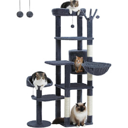 Котячий будиночок Petpela 150 см: багатоярусний котячий комплекс з гамаком, когтеточкою та стійками, сірий