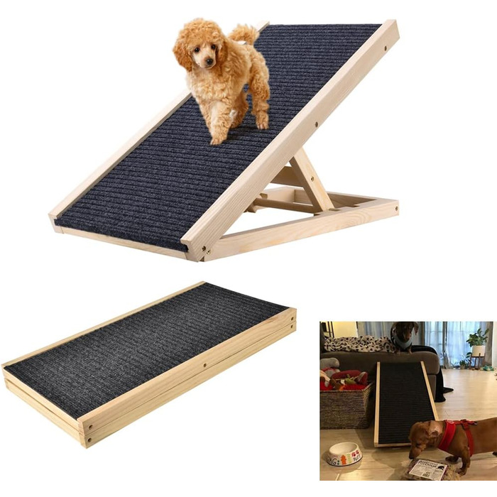 Рампа для тварин з масивного дерева, регульована висота, з антиковзким килимком, для собак, котів, авто, вантажівки (100 x 40 см, висота 30–40–50–60 см)