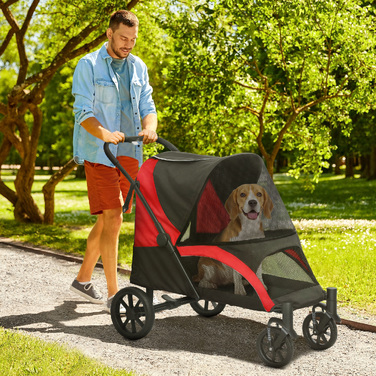 Складаний візок для собак середніх порід, прогулянковий buggy для домашніх тварин на 4 колесах із гальмами та страховочним повідцем, чорний