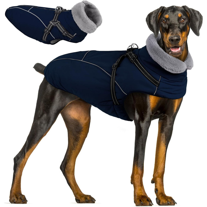 Зимовий теплий водонепроникний одяг для собак Queenmore, куртка для собак з шлейкою, 3-шарова, світловідбиваюча, для великих порід (лабрадор, хаскі, голден ретрівер) (Морська хвиля, 2XL) XXL Морська хвиля