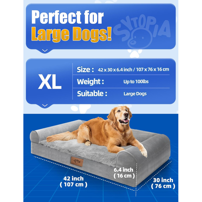 Ортопедичне ліжко для собак Sytopia, великий розмір, 107x76 см, сіре, знімний водонепроникний чохол, неслизьке дно, міцний матрац