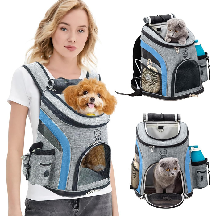 PETCUTE Рюкзак для собак та котів, дихаючий, з внутрішнім ремінком безпеки, регульований, з бічними кишенями, для подорожей, прогулянок, велопоїздок (Блакитний)
