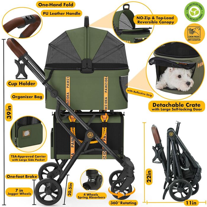Дитяча коляска для тварин PAWZIDEA з двома знімними підносами, переносна клітка для собак та котів, розширювана сумка-переноска, складна легка коляска для 2-4 тварин