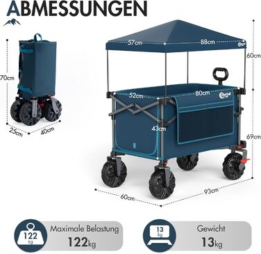 Портал візок-валіза складна модель 350л, 122кг, з дахом, широкі колеса, тримач для напоїв, блакитний