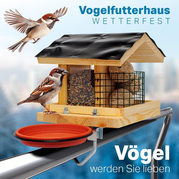 Годівниця для птахів на балкон Vogelfutterhaus, дерев'яна, ручна робота, з кріпленням 30–60 мм, для садових і диких птахів, натуральна, водостійка