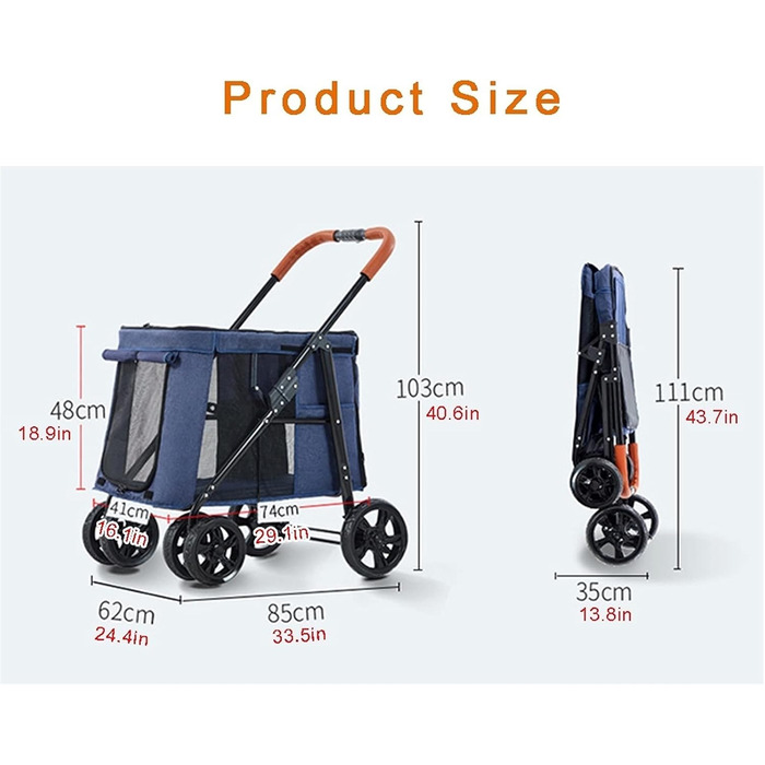 Візок для собак великих порід, прогулянковий візок для тварин до 30 кг, універсальний для собак, котів та інших домашніх улюбленців. Складаний, сірий колір.