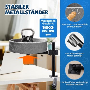 BSWAY Лежанка для кота на стіл - без свердління, 360° обертання, регульована висота. Підвищена котяча лежанка над столом. Тримає кошеня/кота близько, робочий простір чистий. (Темно-сірий, XL)