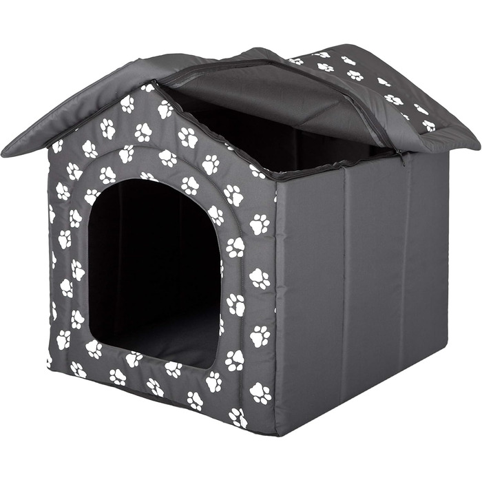 Будиночок для собак і котів HobbyDog, середній розмір, знімний дах, для дому, 60x55x60 см, графіт з білими лапками