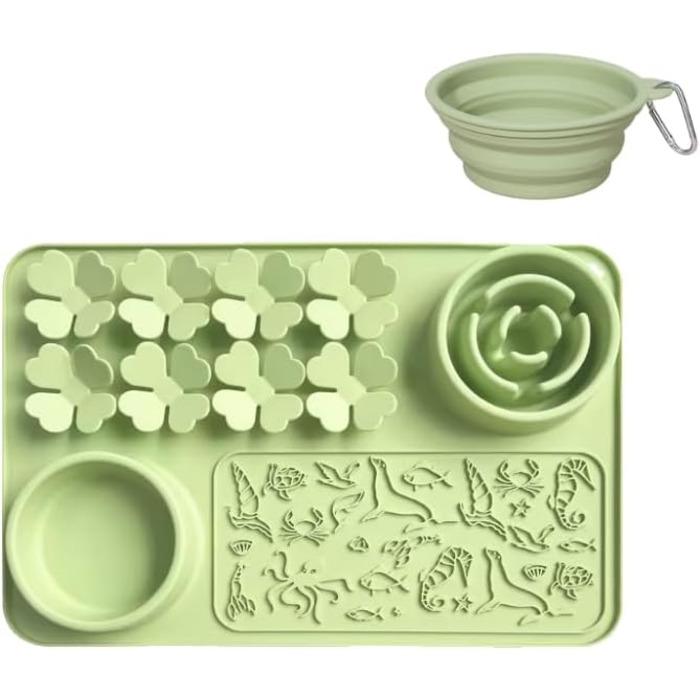 Силіконовий килимок проти протікання та миска для повільного годування собак та котів - килимок-нюхалка з присосками для собак та котів - повільне годування, тренування нюху, складаний портативний миска для корму (Зелений)