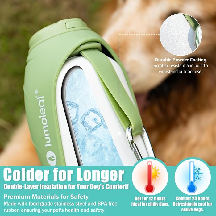 LumoLeaf Ізольована термофляга для собак, 800 мл - Зберігає воду холодною або теплою годинами, міцна та портативна для подорожей, широке горлечко для зручного наповнення та миття (Зелена, 800 мл)
